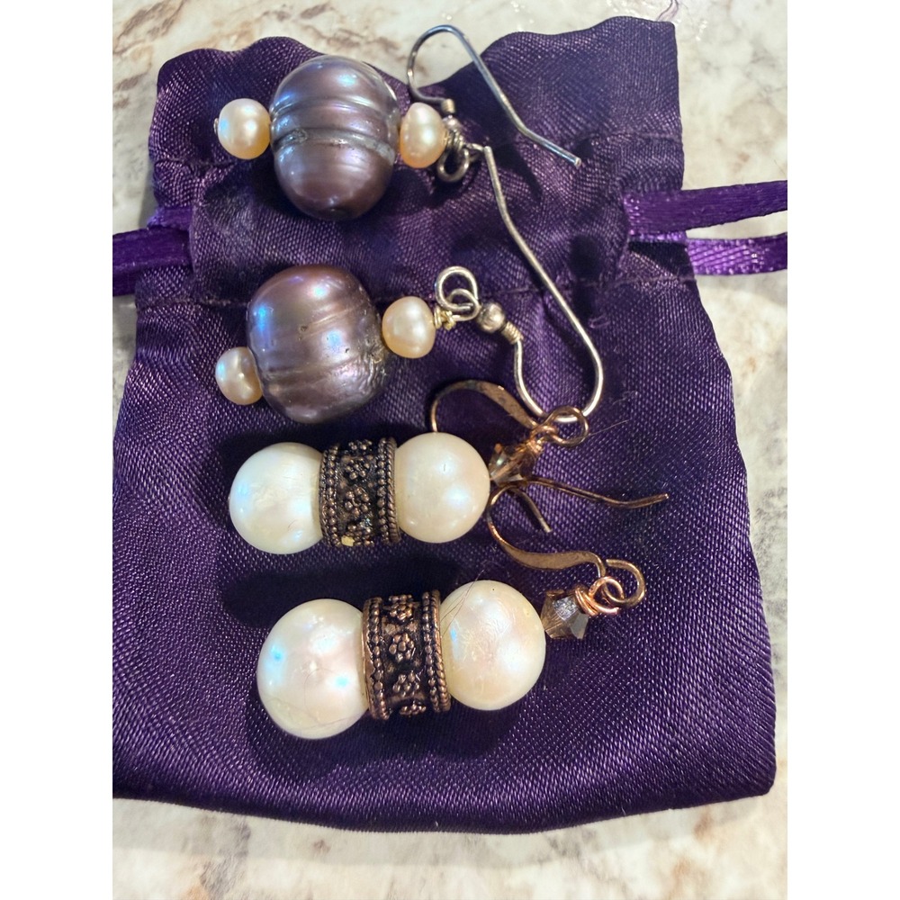 Artisan Freshwater Pearl Earring Set Mauve Baroque & White Double Pearl Drops